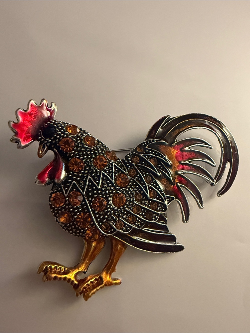 Embellished Rooster Brooch in Amber and Red Accents